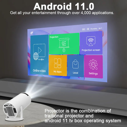 Transspeed Android 11Projektor 1280*720P 4K Wifi6 200ANSI AllwinnerH713 180° flexible BT5.0 Heimkino Outdoor tragbarer Projektor