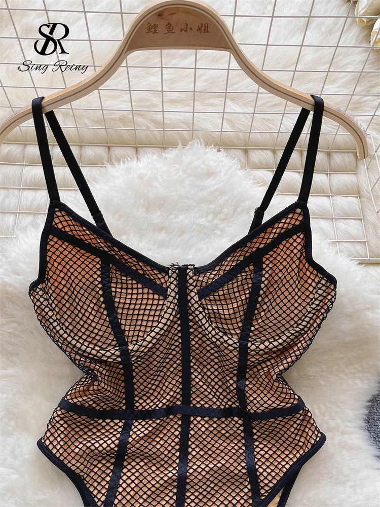 Wanita Damen-Träger, rückenfrei, sexy Bodys, ärmellos, Korsett-Hülle, sinnlicher Bikini, 2023, modische Mesh-Playsuits