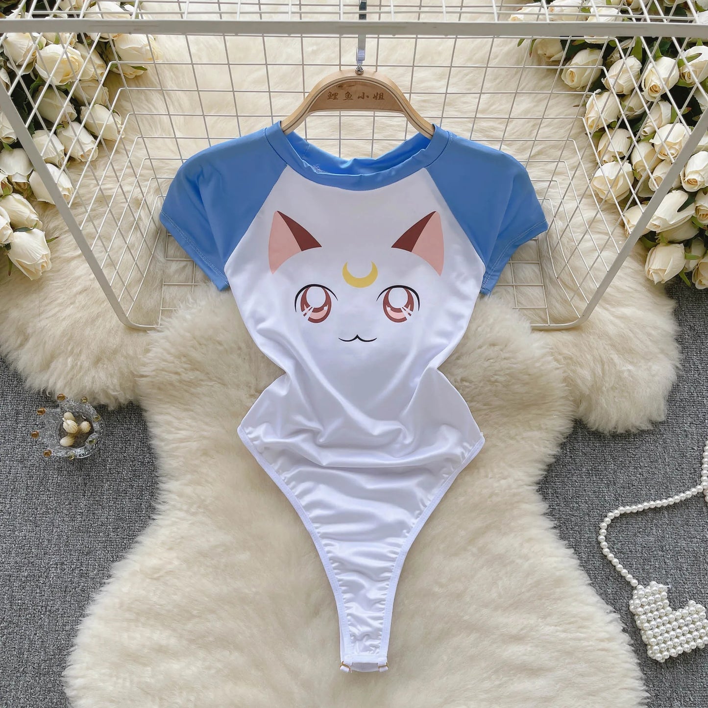 Monos ajustados dulces de verano para mujer, camiseta con estampado de gato de manga corta y cuello redondo, monos sexys elásticos con entrepierna abierta para mujer Wanita