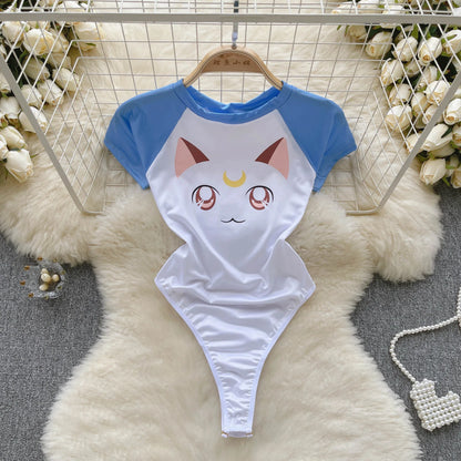 Wanita Sommer Frauen Süße Schlank Bodys O Hals Kurze Ärmel Katze Drucken T Shirt Damen Öffnen Gabelung Elastische Sexy Playsuits