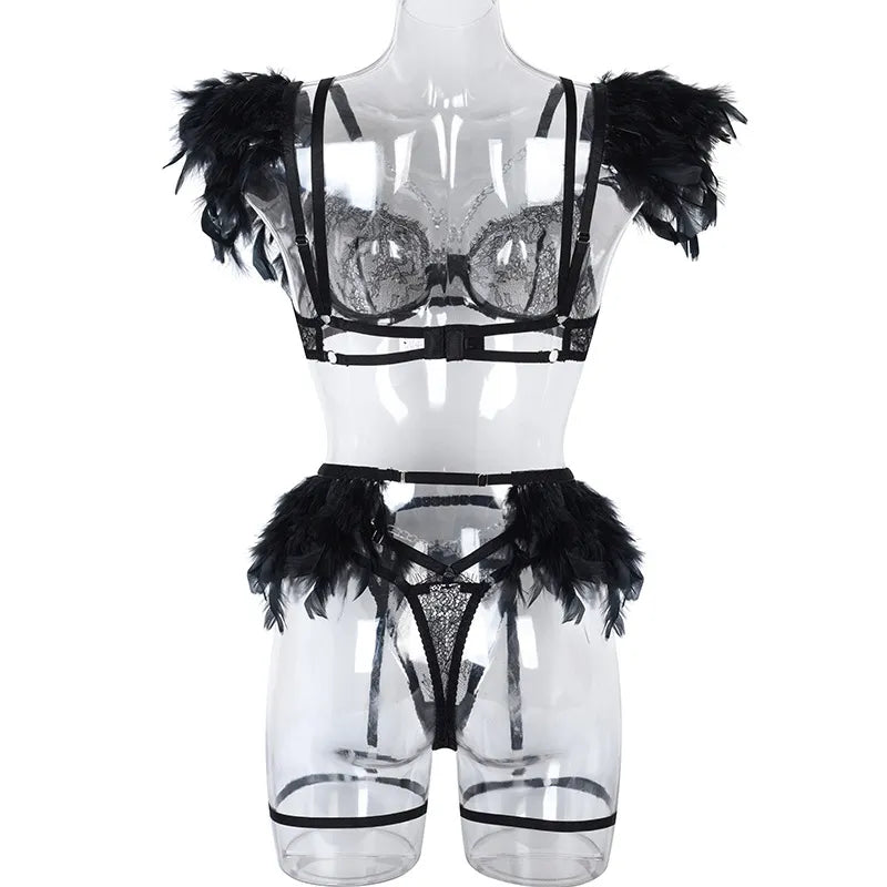 Transparent Women's Underwear Luxury Feather Decoration Metal Chain Lingerie Thong Suit Sexy Punk  Apparel