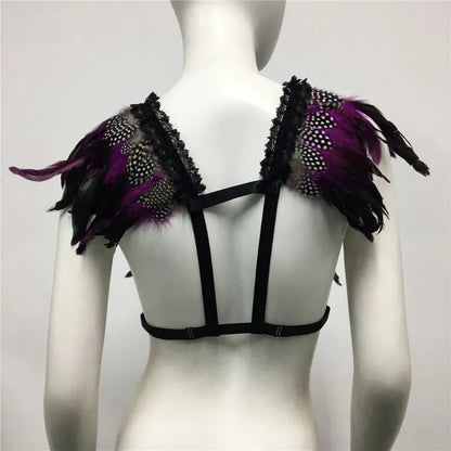 Fiesta Rave de Halloween, camiseta sin mangas de plumas para mujer, Tops cortos góticos Punk, sujetador con arnés para el cuerpo, lencería Sexy, traje de festivales para mujer