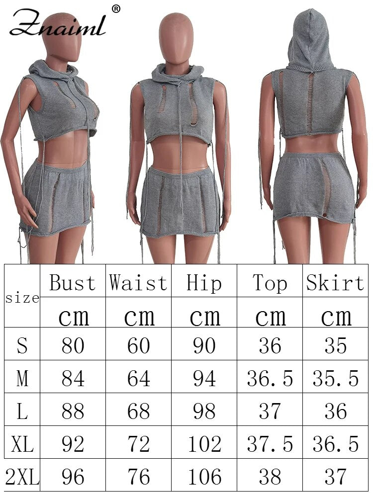 Znaiml Sexy Two Piece Outfits Hole Hooded Crop Top and Mini Skirts for Women Birthday Night Club Outfit Crochet Knit Co Ord Sets