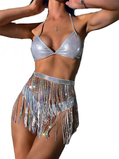 Traje holográfico con purpurina y lentejuelas para fiesta de música, minifalda con flecos, tangas sexis, ropa de calle, fiesta, Club, Bikini para mujer, conjunto de 3 uds.