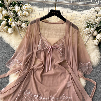 Women Sexy Lace Nightwear Suits Transparent Short Dress+Mesh Cardigans+Thongs 2023 Sheer   Nightdress Sets Wanita