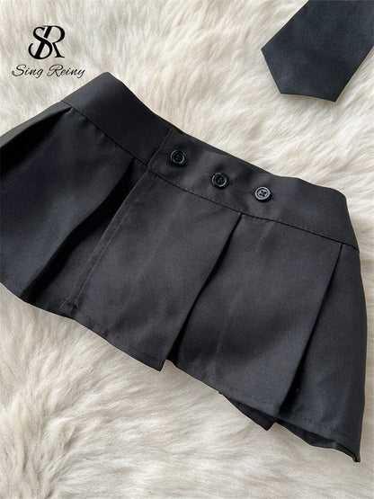 Women Hollow Out Sexy Two Pieces Suits Fashion Leather Vest+Mini Sensual Skirt+Thongs Japan Style   Outfit Wanita