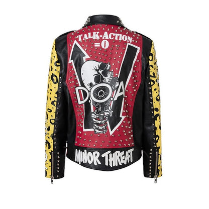 Lederjacke mit Graffiti-Print für Damen und Herren 2023 Punk-Nieten Streetwear-Motorradjacken aus Kunstleder mit Kontrastnähten