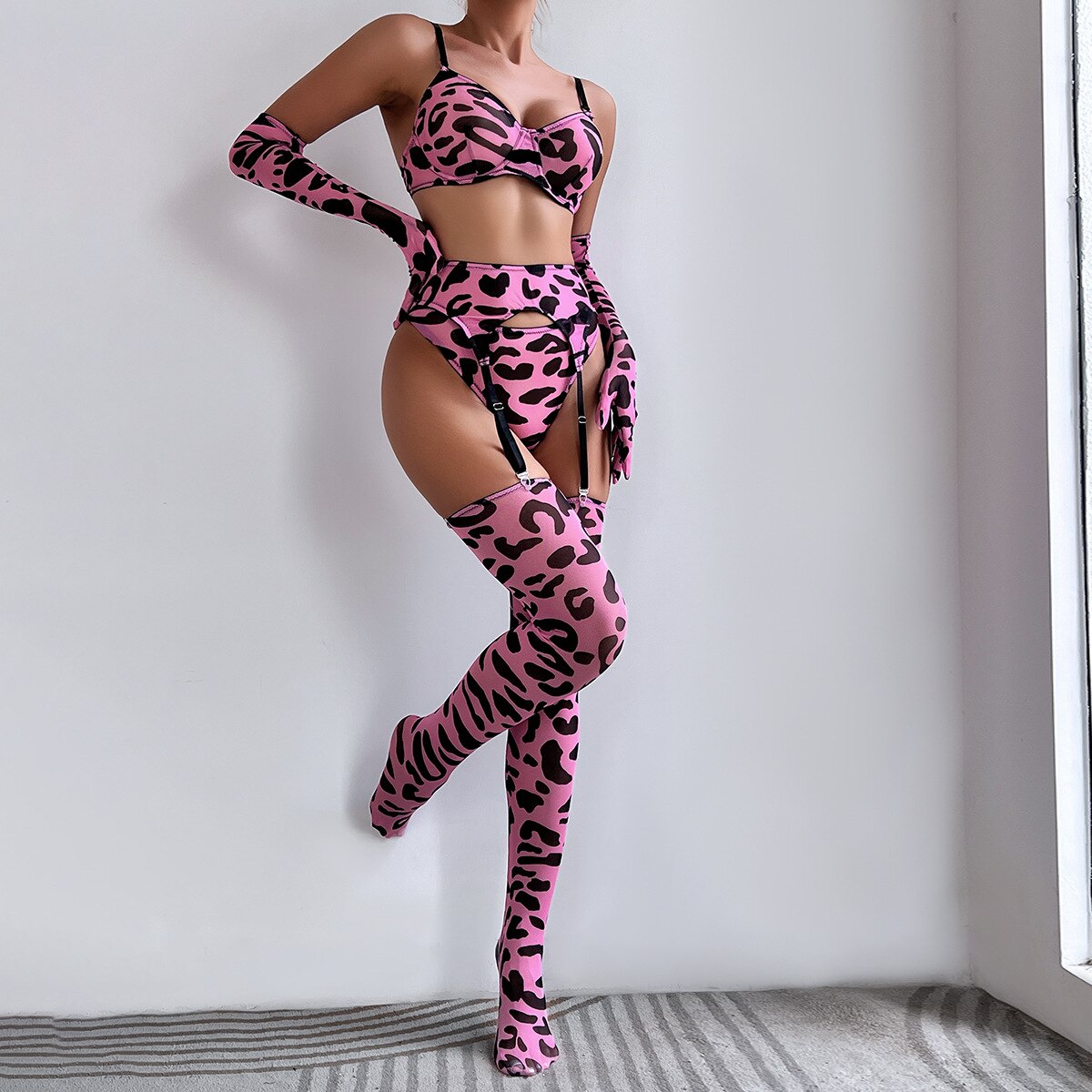 Leoparden-Dessous mit Strumpfhandschuhen, nahtlose Unterwäsche, sinnliches Strumpfgürtel-Set, rosa, rosa, intime sexy Outfits