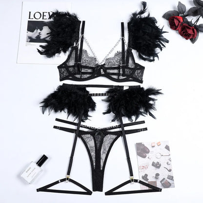 Conjuntos de lencería de plumas para mujer, conjunto de ropa interior de encaje con Tanga de lujo, conjunto de sujetador y bragas Sexy con liga de cadena Intim