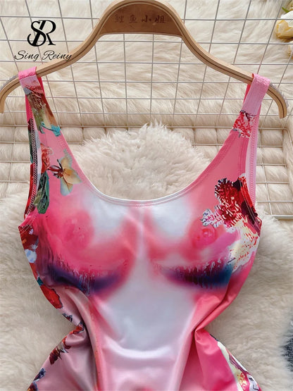 Body Sexy con estampado sin espalda para mujer, Bikini Sensual floral elástico sin mangas con tirantes, monos ajustados con entrepierna abierta Wanita