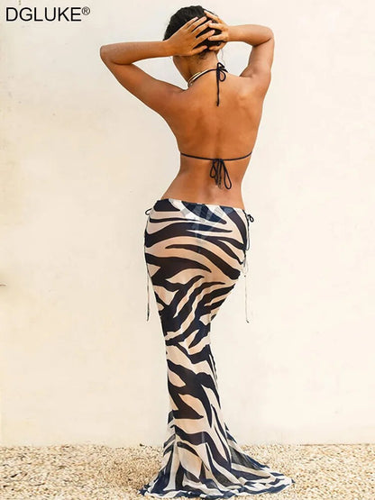 3-teiliges Set, Strand-Outfits für Frauen, Zebra-gestreiftes Maxirock-Set, sexy Sommer-Sets, Damen-Club-Ausgeh-Outfits, Neckholder-Top