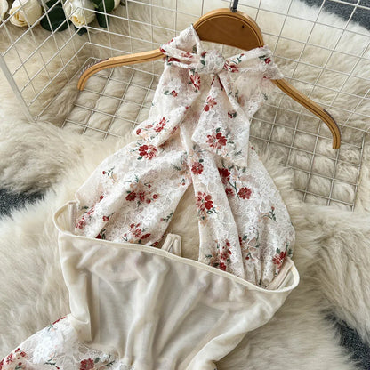 Fashion Floral Spitze Sexy Bodys Kreuz Halter Splice Mesh Shapewear Schlanke Strampler Aushöhlen Sheer Sinnliche Playsuits Wanita