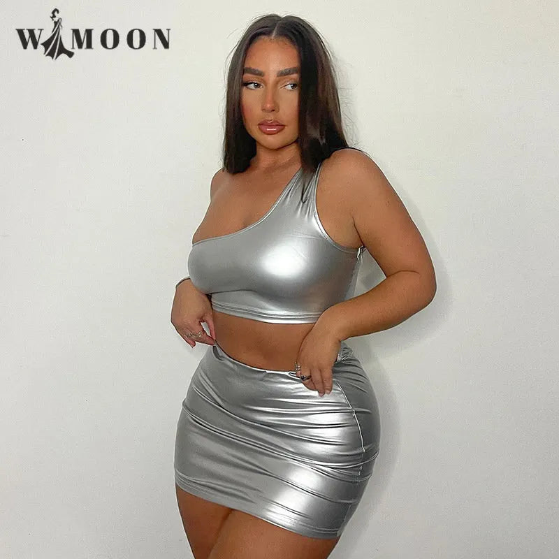 Bright Silver Sexy 2 Pieces Set Women 2023 New Solid Color One Shoulder Sleeveless Crop Top and Short Skirt Suit for Summer