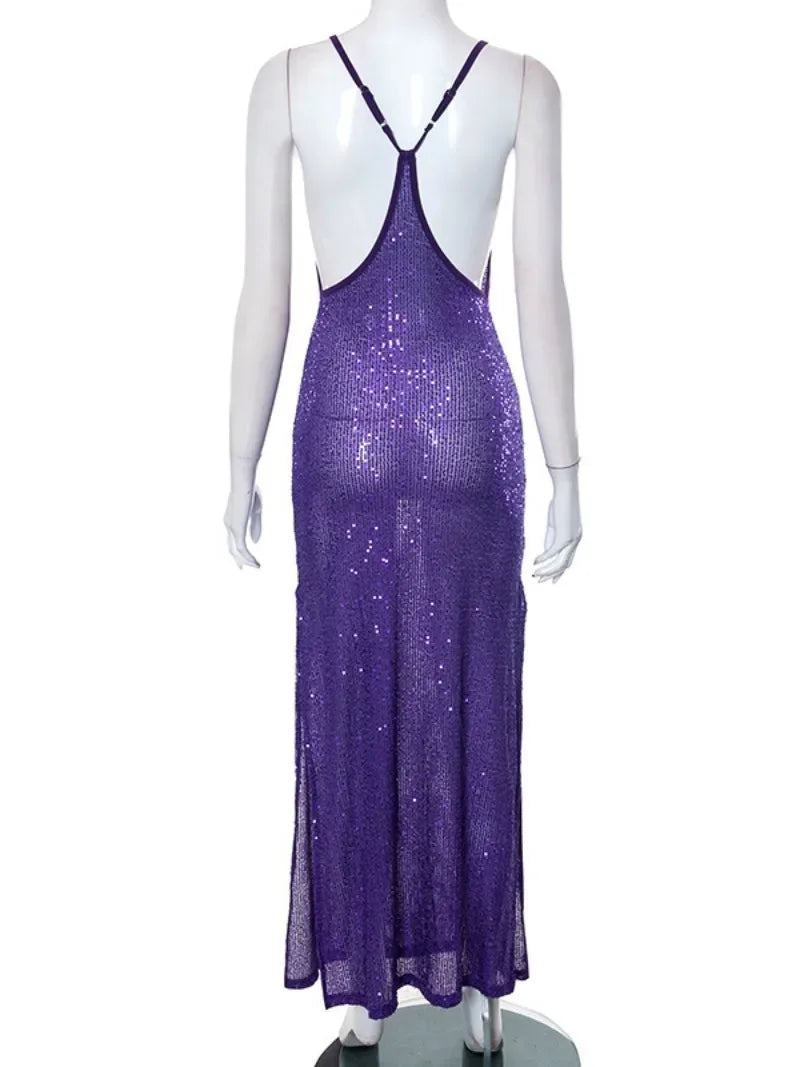 Luxury Sequins Backless Purple Autumn Dress Women 2023 Sexy Sleeveless Two Sides Slit See-through Evening Party Formal Dresses