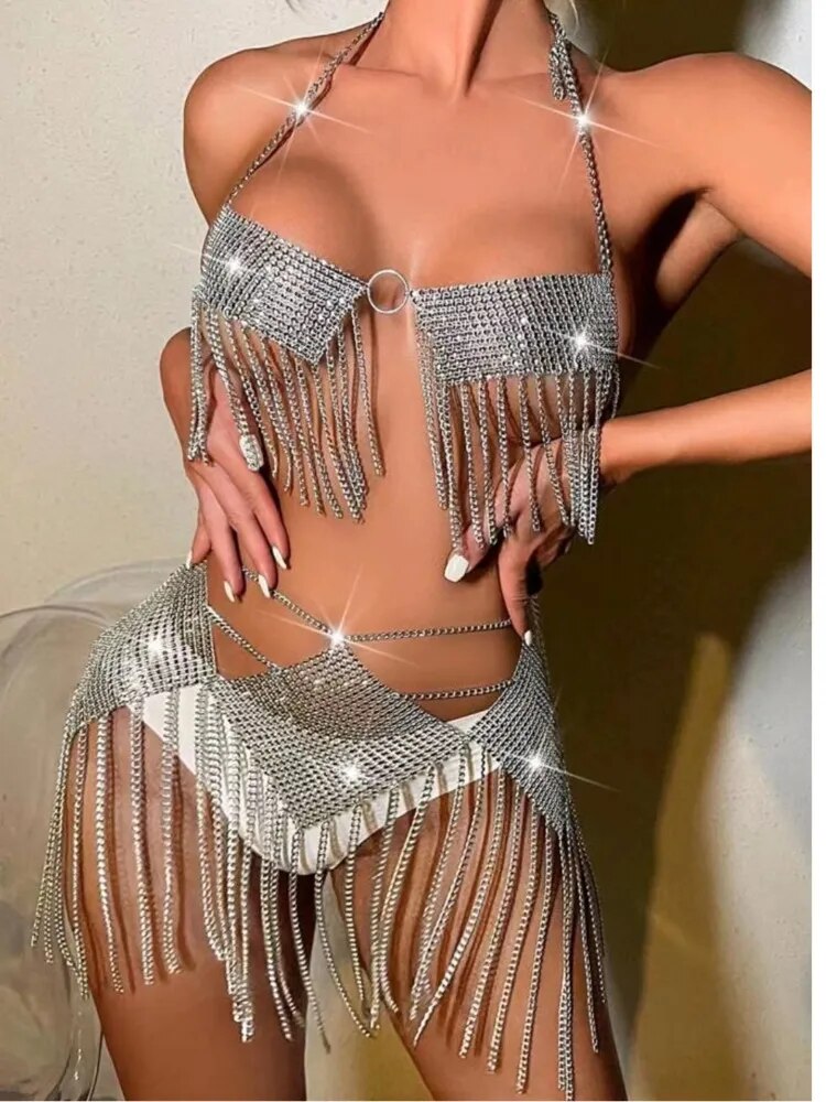 AKYZO, conjunto de 2 piezas para Mujer, camisetas sin mangas cortas con diamantes brillantes, minifalda Sexy, trajes de fiesta Rave de carnaval, Ropa de Club, Festival para Mujer