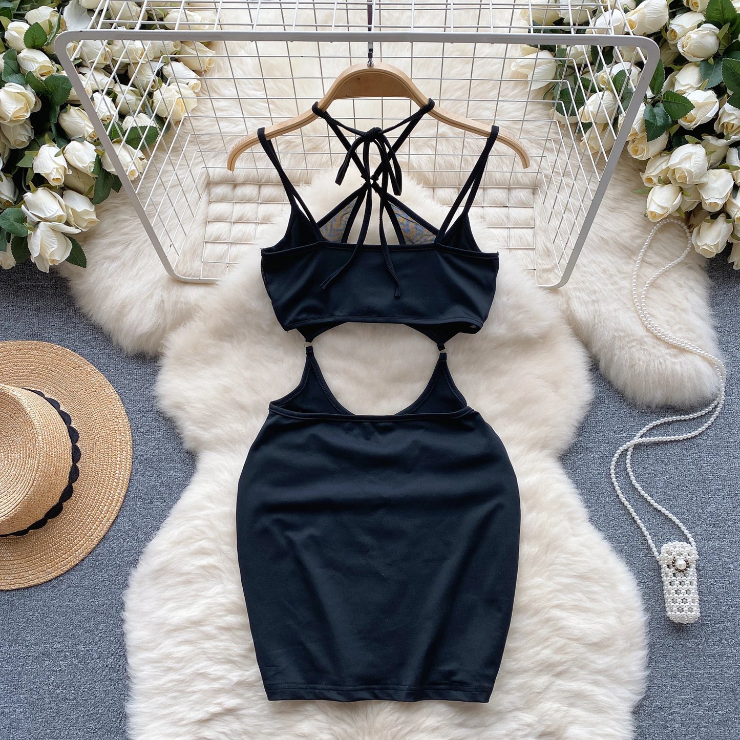 Sensual Mesh Slim Mini Dress Halter Lace Up Cross  Backless Sleepwear 2023 Hotsweet  Hollow Out Bodydress Wanita