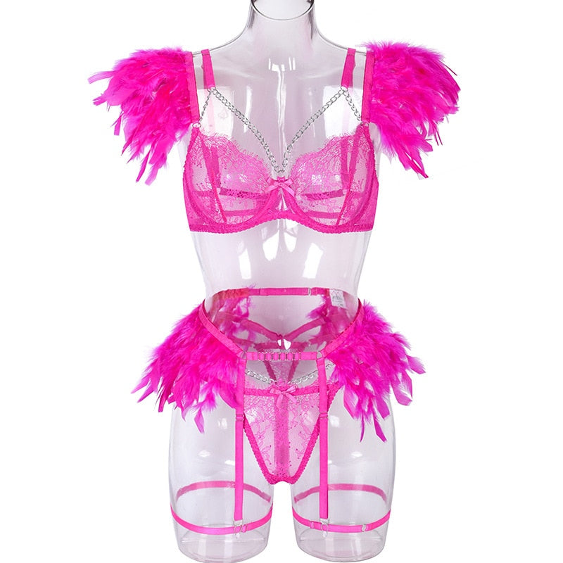 Lencería de plumas, ropa interior Sexy para mujer, sujetador transparente, cadena de Metal, encaje, conjunto de 3 piezas, íntimo de lujo