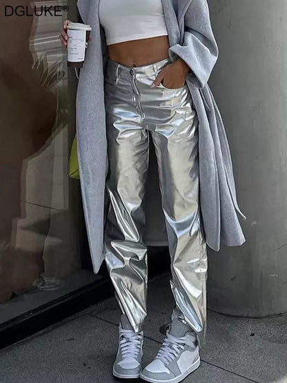 Silver Metalic Faux Leather Pants Women 2023 High Waist Long Winter Pants Hip Hop Streetwear Y2K Pants Night Club Wear