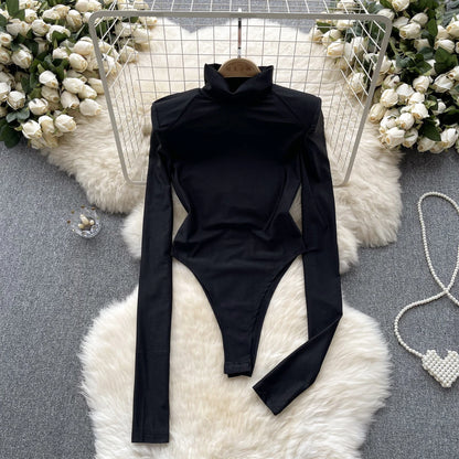 Wanita Fashion Open Crotch Sexy Y2K Bodysuits Half High Collar Long Sleeved Bodycon 2023 Streetwear Sensual Slim Playsuits