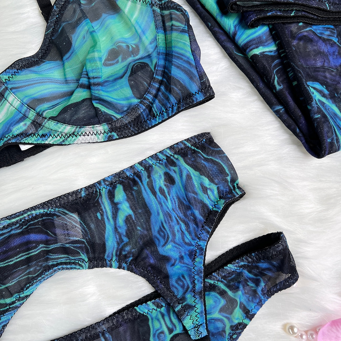 Lencería Tie Dye con manga de media, ropa interior Sexy de lujo, trajes sensuales de malla transparente íntimos sin censura de 5 piezas