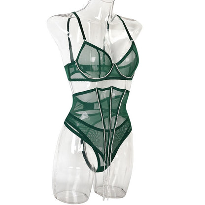 Lencería con diamantes de imitación y cintura para mujer, ropa interior Sensual de encaje transparente con borlas brillantes, íntima Sexy sin censura