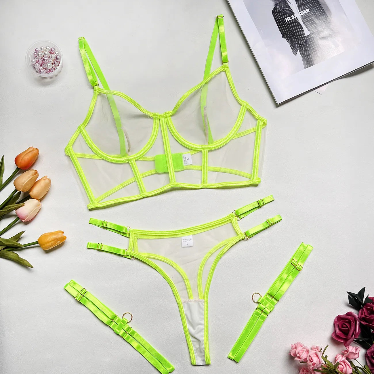 Neon Sexy Unterwäsche Frauen Körper Weibliche Dessous Sexy Kostüm Transparent BH Outfit 4-teilige Spitze Intim