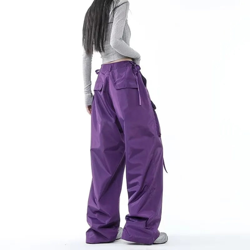 Hip Hop Streamer Lila Y2k Baggy Cargo Hose Damen High Streetwear Vintage Hose High-Waist Taschen Gebündeltes Bein StreetPants