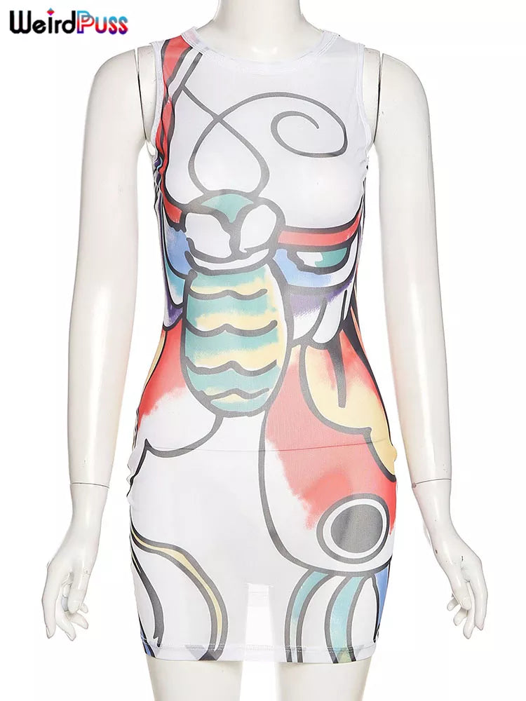 Minivestido de malla con estampado de gato extraño para mujer, vestido ceñido elástico con estampado de peces y dibujos animados, cuello redondo, sin mangas, vestidos sexis ajustados para fiesta