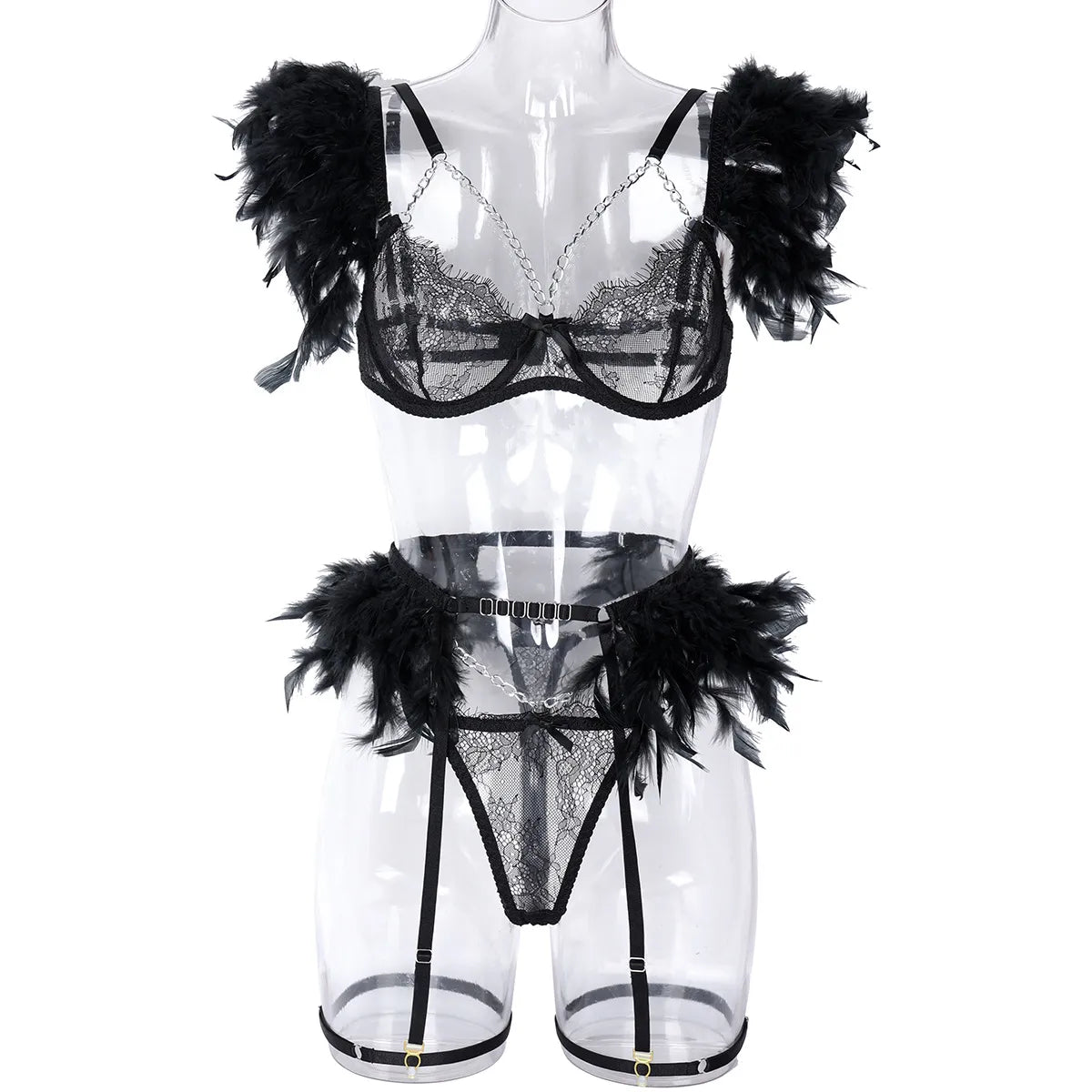 Feder-Dessous-Sets für Damen, luxuriöses G-String-Spitzenunterwäsche-Set, sexy BH und Höschen-Set mit Kettenstrumpfband, Intim