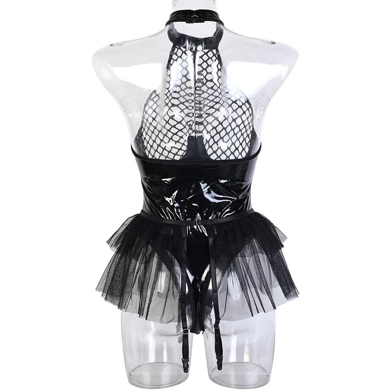 Latex Sexy Body Lingerie Women Mesh Pu Leather Bodysuit Open PVC  Costumes Ruffles Outfit Sissy Tights