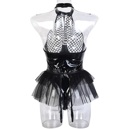 Latex Sexy Body Dessous Frauen Mesh Pu Leder Body Offene PVC Kostüme Rüschen Outfit Sissy Strumpfhosen