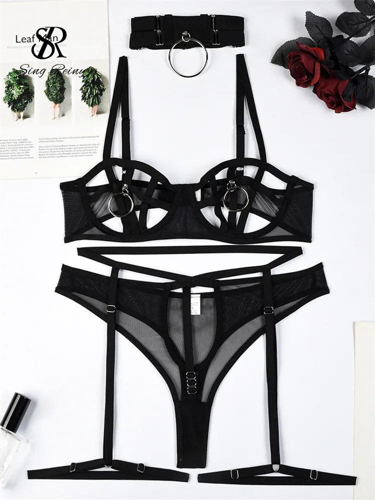 Underwear Outfit Women Strap Hollow Out Bra+Thong Chain Sheer  Nightwear Backless Sexy Lingerie Suit Wanita