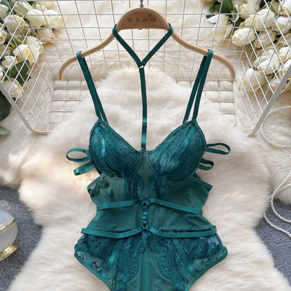 Women Sensual Hollow Out Playsuits Female Halter Strap Transparent Thin Slim Jumpsuits 2023 Mesh Lace Sexy Bodysuits Wanita