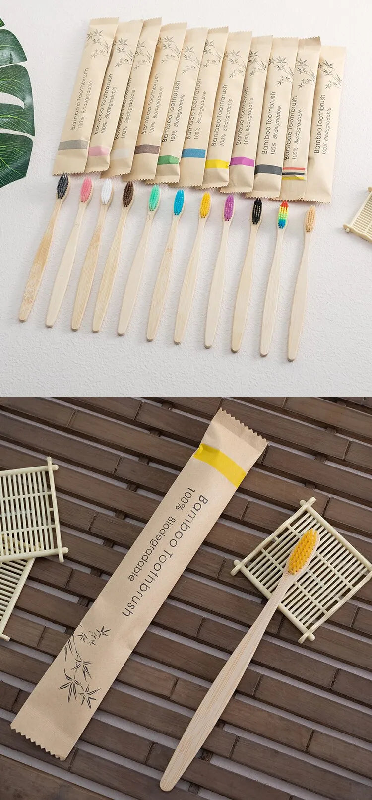 Single Cowhide Wrapped Bamboo Toothbrush Set Natural and Environmentally Friendly Bamboo Toothbrush Tablet One Box of 10 PCS