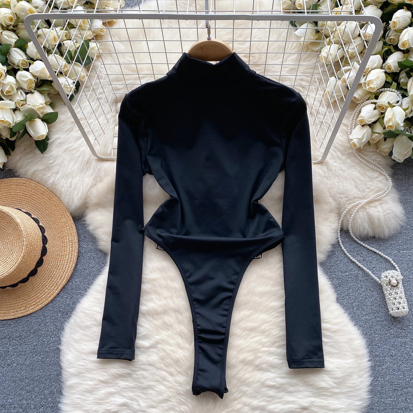 2023 Fashion Hotsweet Sexy Bodysuits Half High Collar Long Sleeved Zipper Women Open Crotch Streetwear Slim Playsuit Wanita