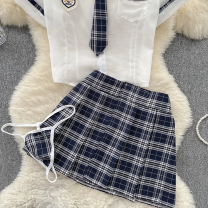 Adrette Sheer Sexy Anzüge Frauen Top + Plaid Mini Rock + Tangas Mode Koreanische Cosplay Drei Stücke Sets Wanita