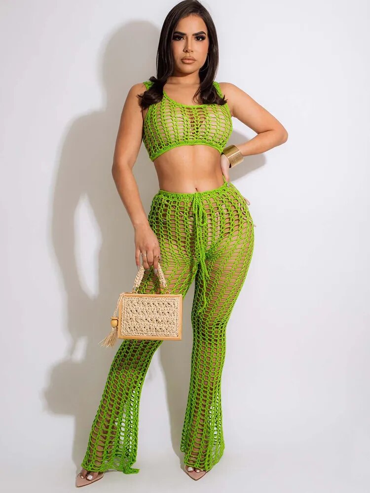 Sibybo Summer Beach Wear Knit Outfits Women Hollow Out Crop Tops And See Through Straight Pant Suits Femme 2 Piece Matching Sets