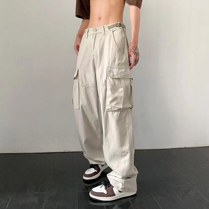 Pantalones Cargo rectos para hombre, pantalones informales con cordón de estilo japonés, pantalones sueltos para hombre, pantalones de chándal de camuflaje a la moda Harajuku