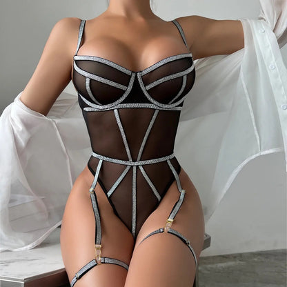 Sinnlicher Bodysuit, luxuriöser, nahtloser Body, transparente Spitzenoberteile, einteilige Dessous, ouvert, Dessous, Teddy