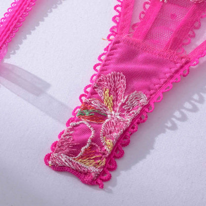 Fancy Pink Lingerie Floral Embroidery Sexy Thongs Garter Bra Suit 3-Pieces Delicate Luxury Lace Beautiful Underwear