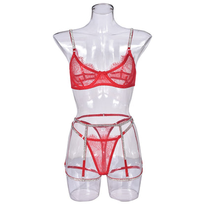 Rhinestone Lingerie Sheer Lace Seamless Bra Kit Push Up Sissy Underwear Transparent Intimate Luxury  Sets