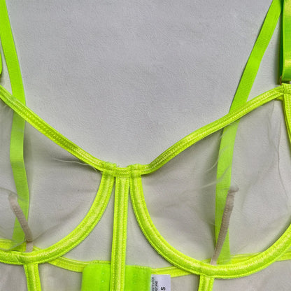 Neon Sexy Unterwäsche Frauen Körper Weibliche Dessous Sexy Kostüm Transparent BH Outfit 4-teilige Spitze Intim