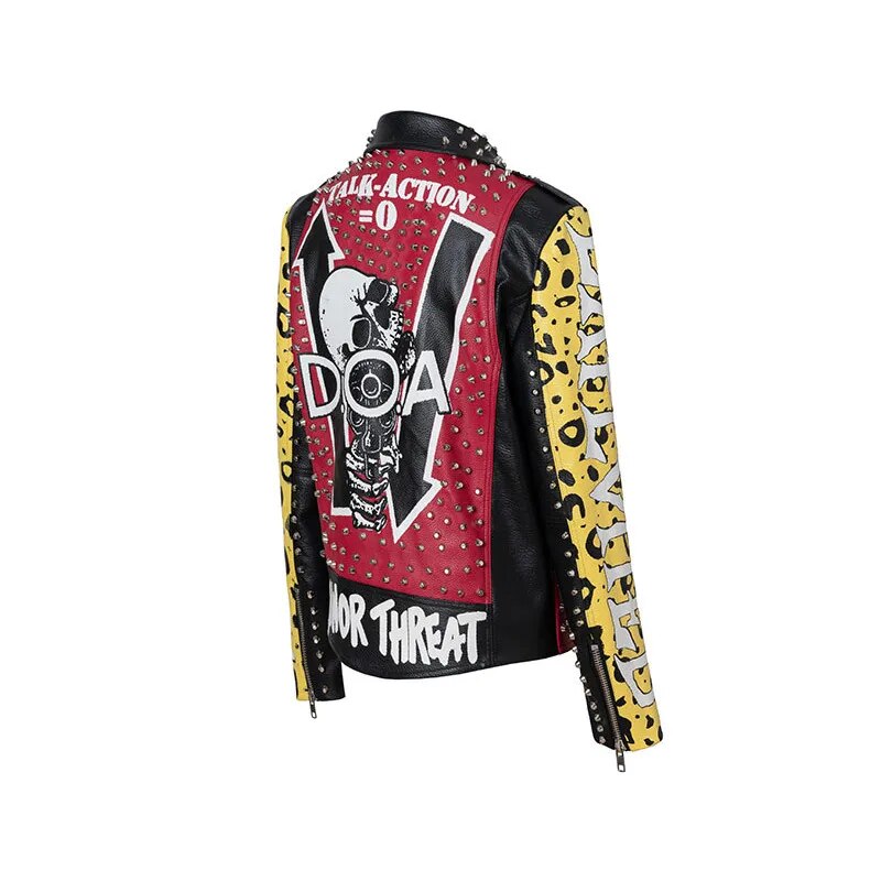 Lederjacke mit Graffiti-Print für Damen und Herren 2023 Punk-Nieten Streetwear-Motorradjacken aus Kunstleder mit Kontrastnähten