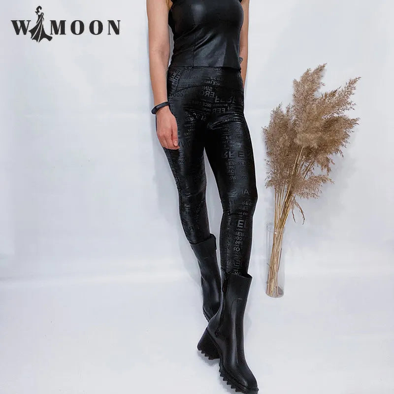 Letter Graffiti Elasticity Leather Leggings High Waist Women Autumn Winter Warm Slim Fleece Leggings Motorcycle PU Pencil Pants