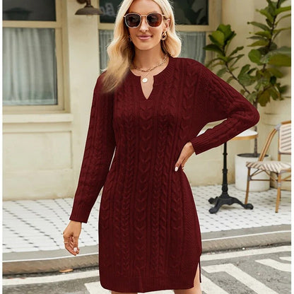 New Cable Length Mid-length Knitted Dress Luxurious and Elegant Side Slit Long Skirt Slim Waist and Beautiful Dress for Girls