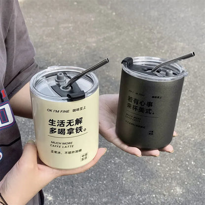 Ins Coffee Cup Thermoses Stainless Steel Water Bottle Straw Cup Ice American Coffee Mug Double-layer Vacuum Flask Couple Cup