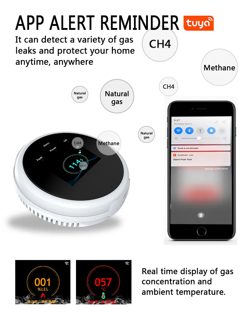 Tuya Wifi Leak With Temperature Function Combustible Gas Detectors Support Home Smart Life Natural Gas Alarm Sensor LCD Display