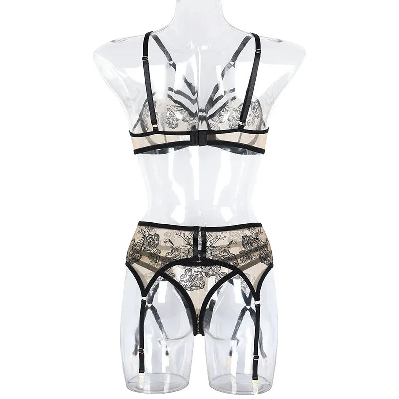 Sexy Dessous-Set für Damen, 3-teilig, Spitze, transparent, BH, Slip-Sets, ausgefallene Strumpfbänder, intime Unterwäsche, Panty-Set