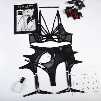 Sensual Lingerie Sexy Cut Out Bra Set Woman 4-Pieces  Brief Sets Lace Underwear Garters  Costumes