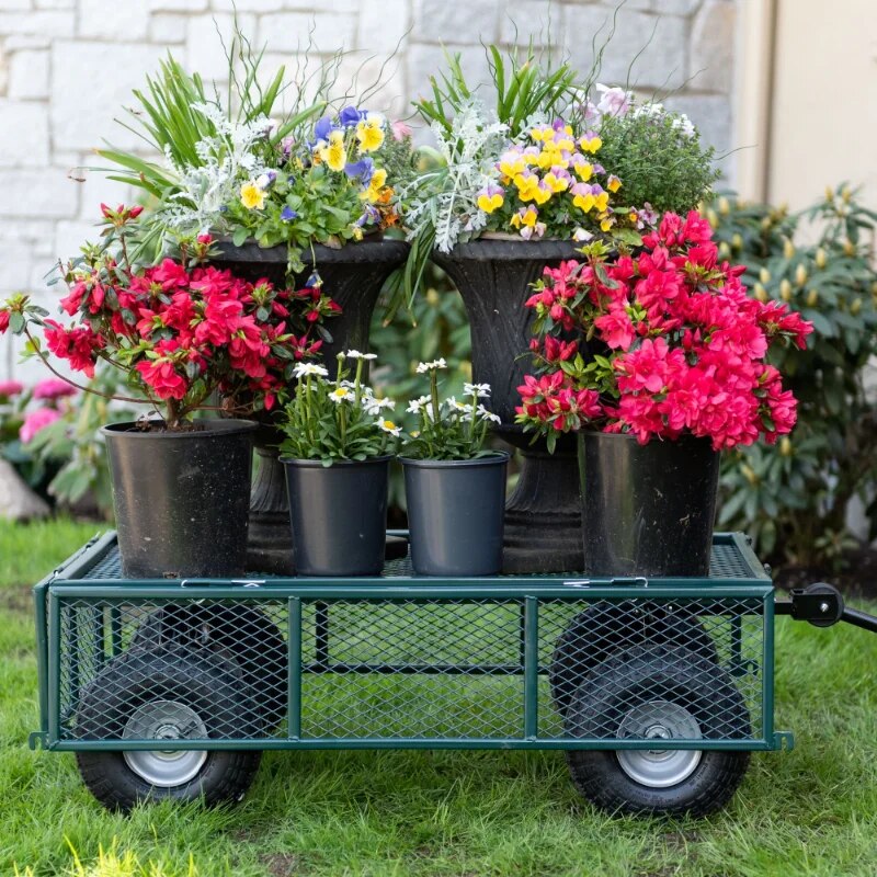 Carro de jardín de acero con laterales extraíbles, capacidad de 700 libras, carro utilitario de jardín de malla remolcable de 38" x 20", carro para césped al aire libre